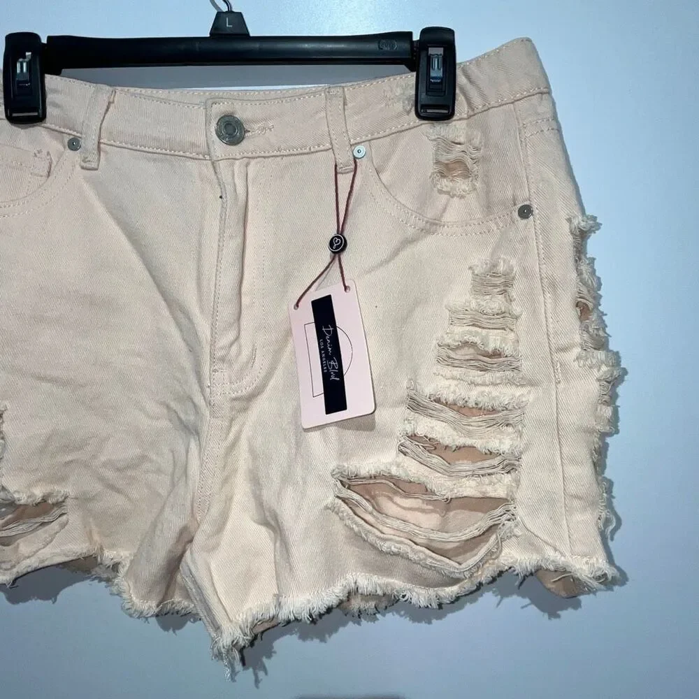 Denim Blvd Los Angeles Womens Light Pink Distressed Frayed Jean Shorts Large NWT